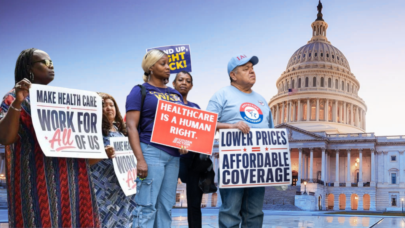 Advocates rallying at the U.S. Capitol with signs calling for affordable health care